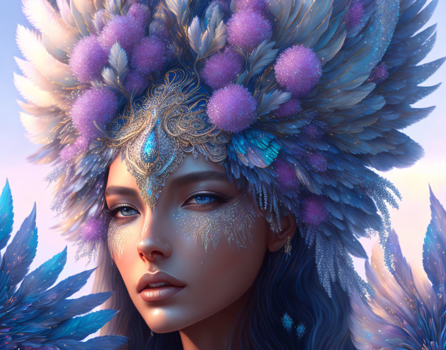 Fantasy portrait of woman with blue feathered headdress and facial jewels