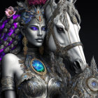 Monochrome woman with purple glowing eyes in silver armor with mystical horse