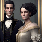 Victorian-era styled couple in black tailcoat and blue off-shoulder gown