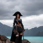 Person in pirate costume on rocky shore with stormy skies and mountains near teal sea