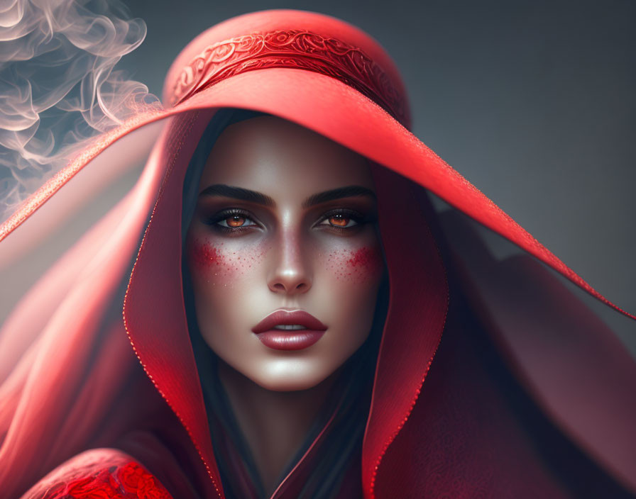 Mysterious Woman with Striking Features in Red Hood and Smoke