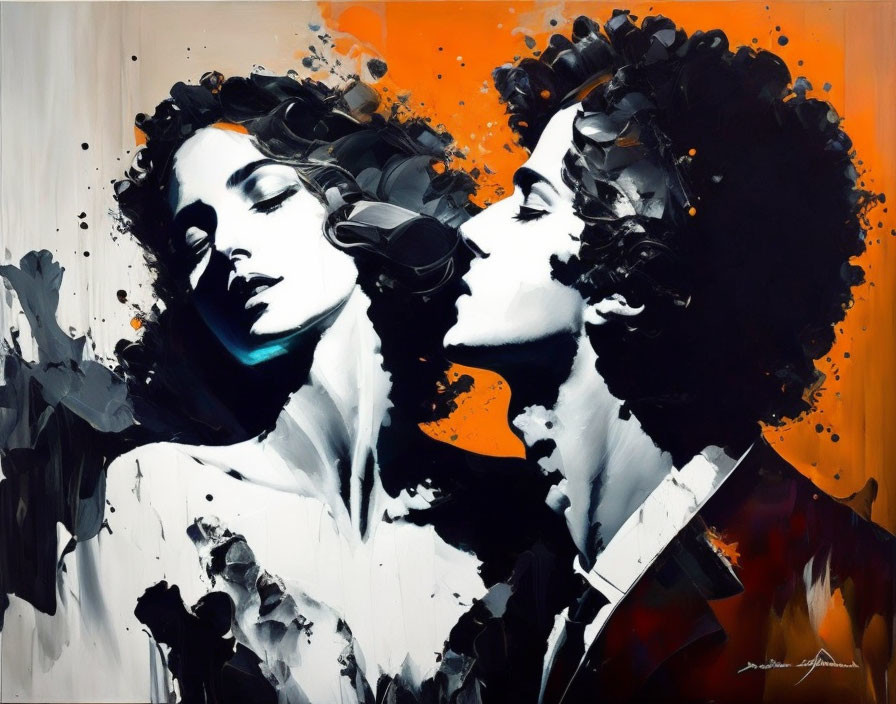 Abstract painting of man and woman in partial profile with black and orange splashes.