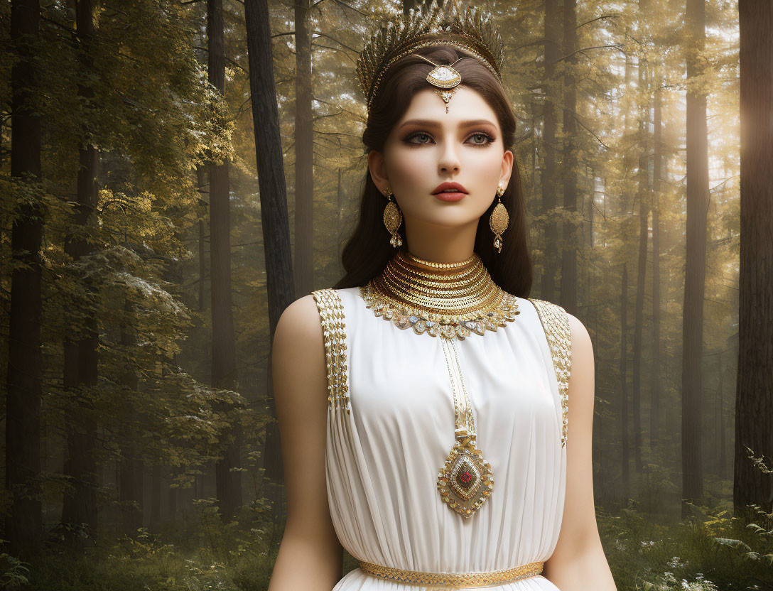 Woman in white attire with crown and gold jewelry in mystical forest with light beams.