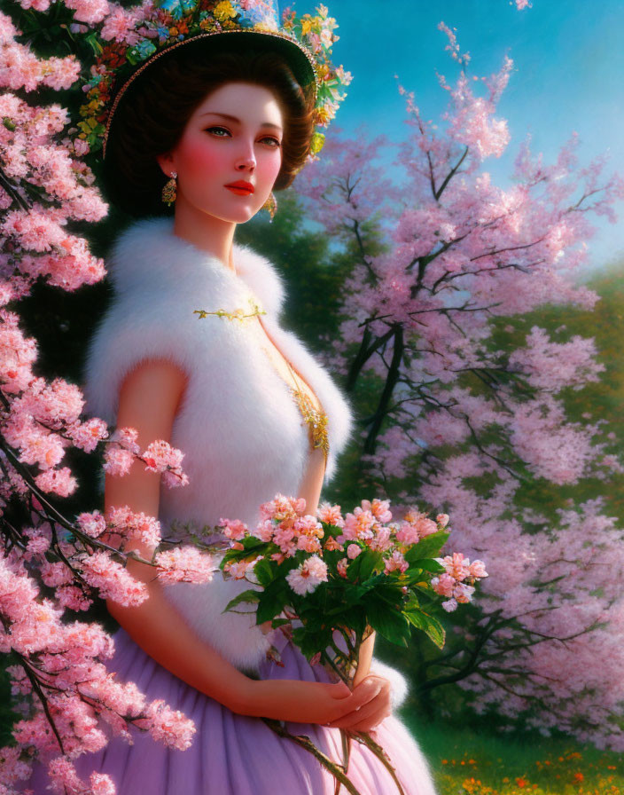 Woman in vintage dress and hat surrounded by pink blossoming trees holding a flower