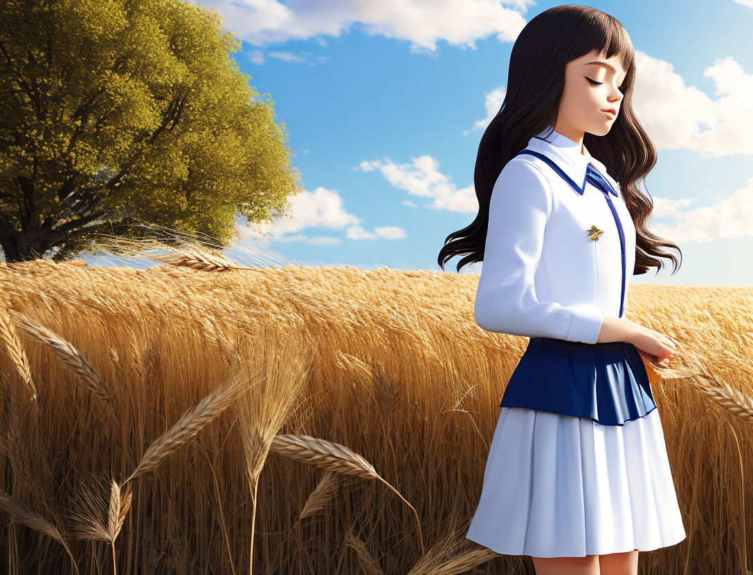 Animated girl in white and blue school uniform in wheat field with tree under blue sky