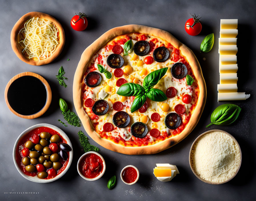 Pizza with Cheese, Tomatoes, Basil, Olives, Tomato Sauce, and Herbs on Dark