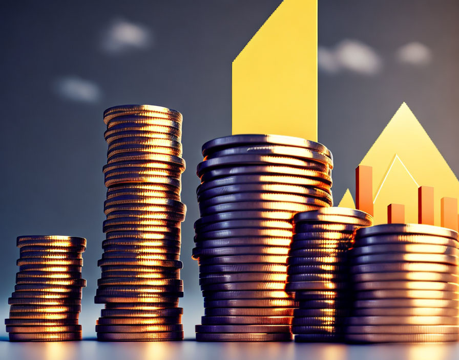 Ascending stacks of coins with yellow arrow and house silhouette for financial growth.