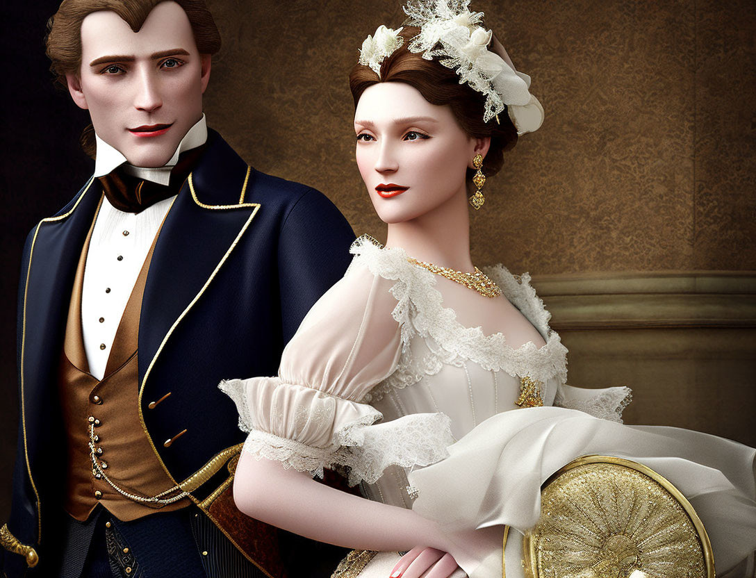 Regal couple in historical attire: man in navy uniform, woman in white dress