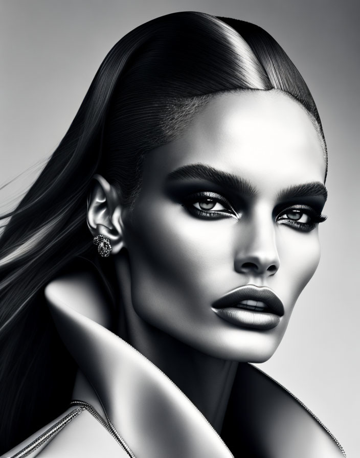 Monochrome portrait of woman with sleek hair and bold eye makeup