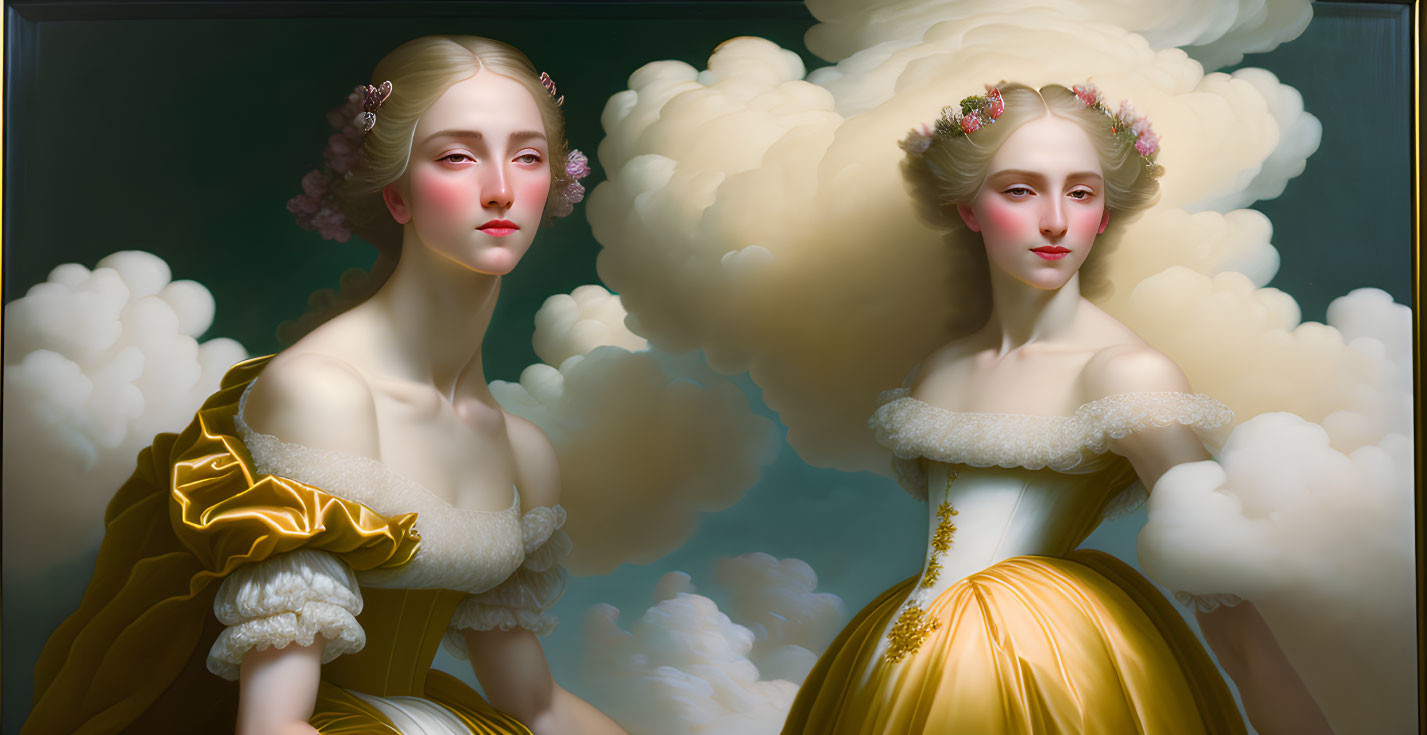 Two women in classical dresses with cloud-like hairdos in surreal modern reinterpretation