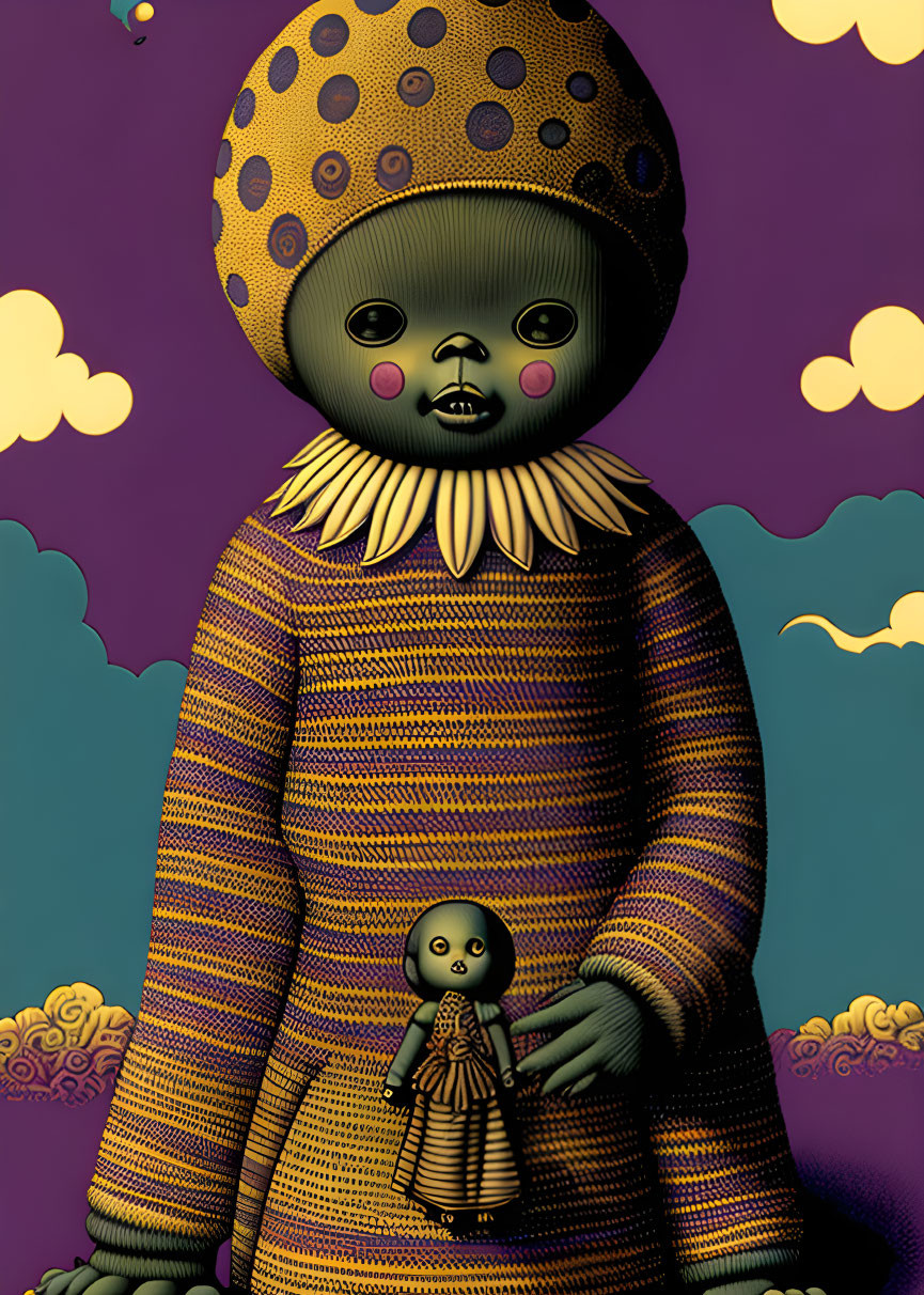 Character with button-eyed doll face in yellow and purple outfit with doll on whimsical cloudy backdrop