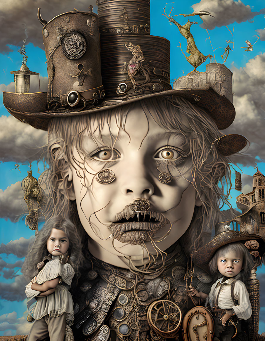 Surreal steampunk portrait with clock elements, children, and birds