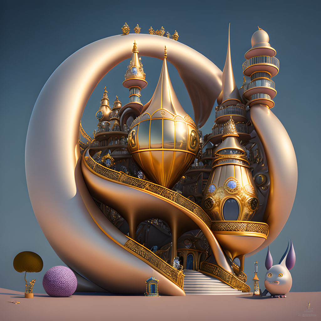 Fantastical 3D art: Golden palace in shell with cute creature & stylized flora