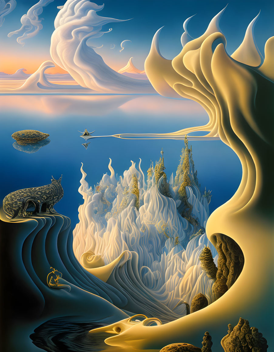 Surrealist landscape with stylized elements and floating islands