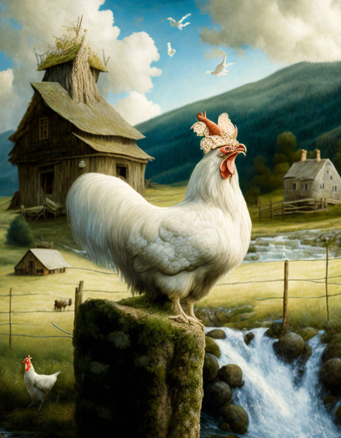 Whimsical oversized white rooster with house hat in rural farm setting