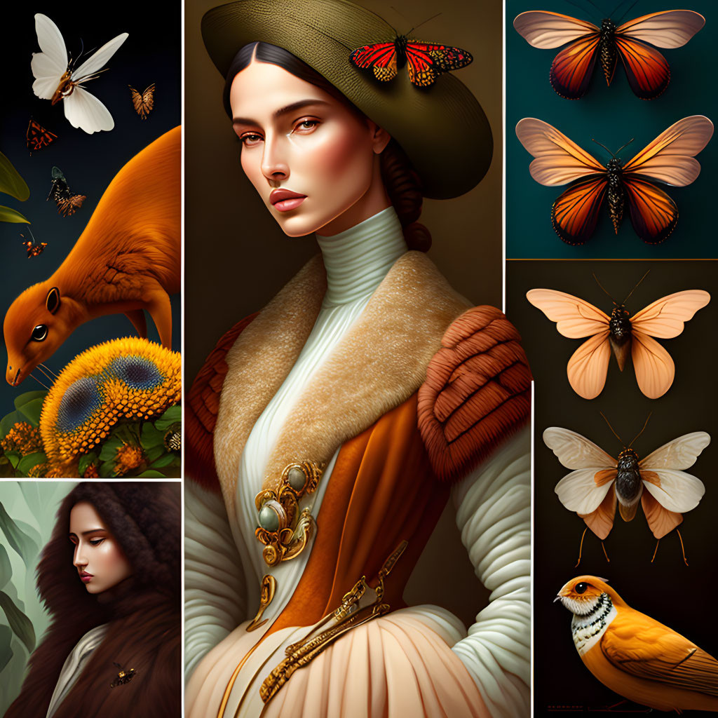 Colorful Collage Featuring Stylized Woman, Butterflies, Squirrel, and Bird