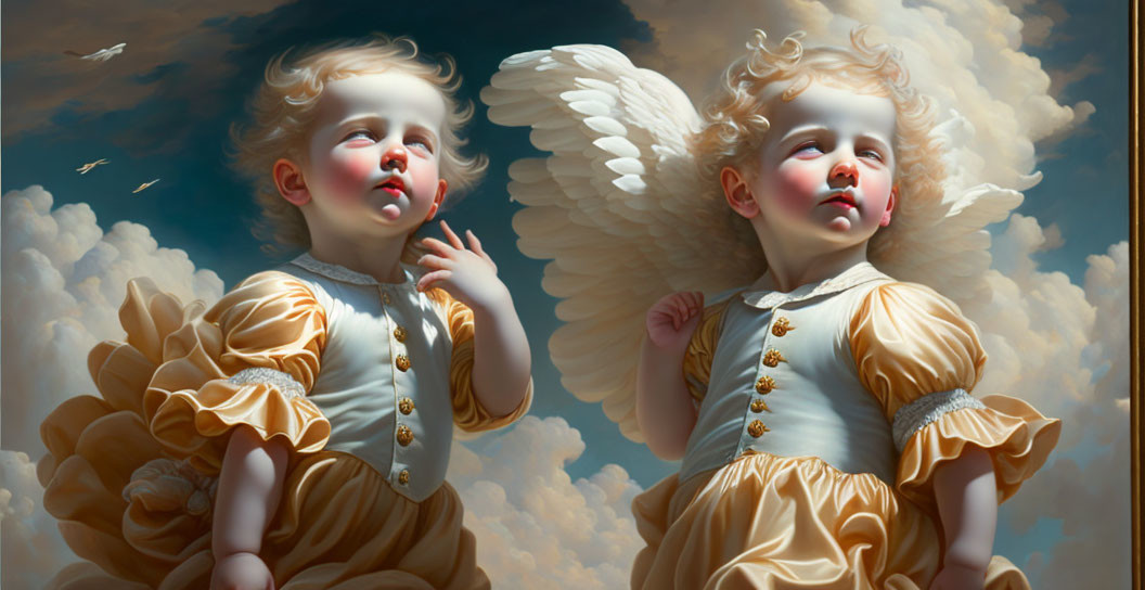 Golden-winged cherubic figures in classical celestial painting style among clouds