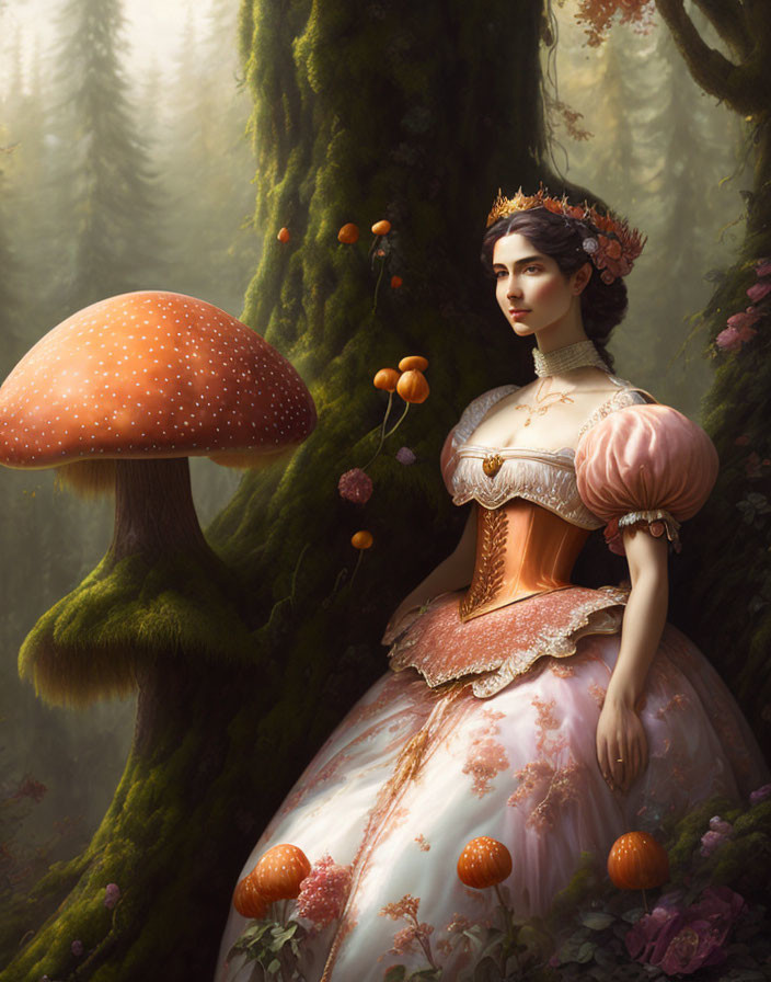 Surreal portrait of woman with mushroom elements in enchanted forest