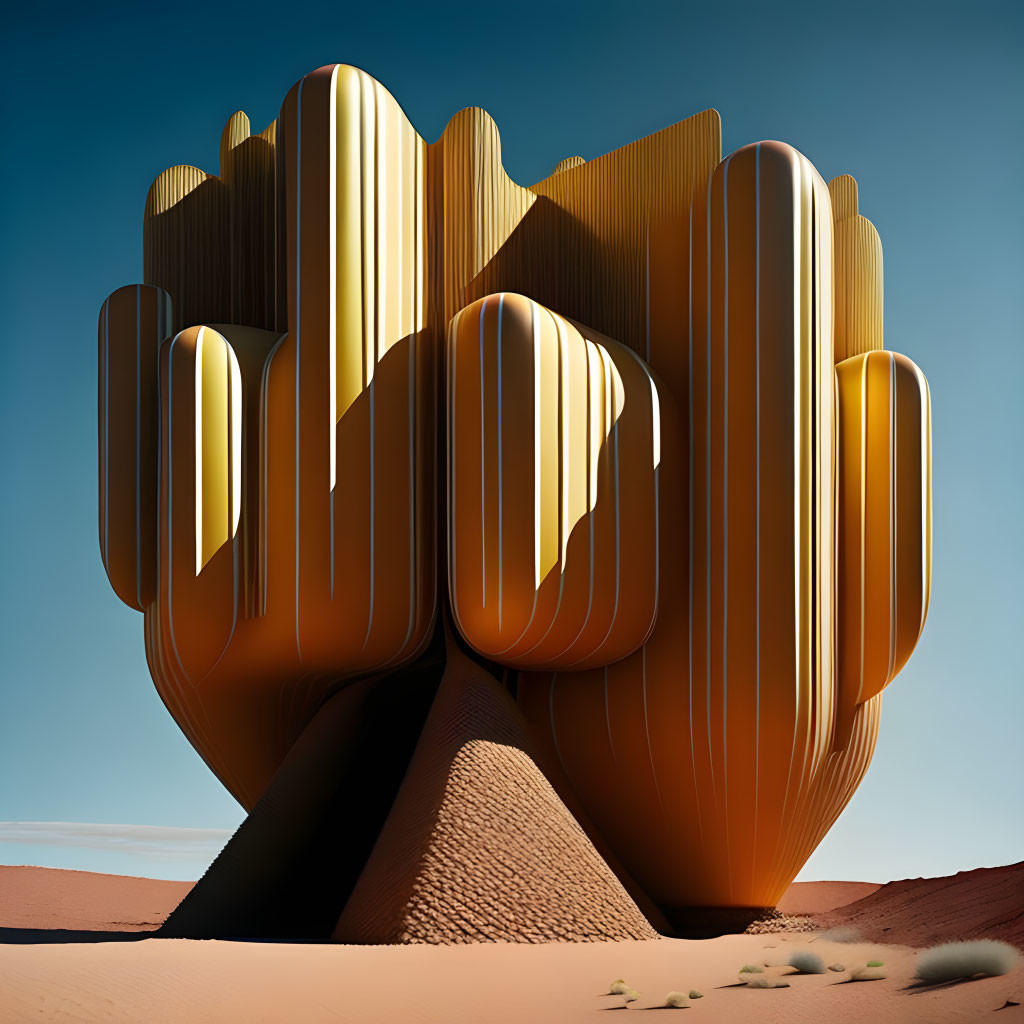 Golden mirrored sculpture of clenched fist in desert landscape