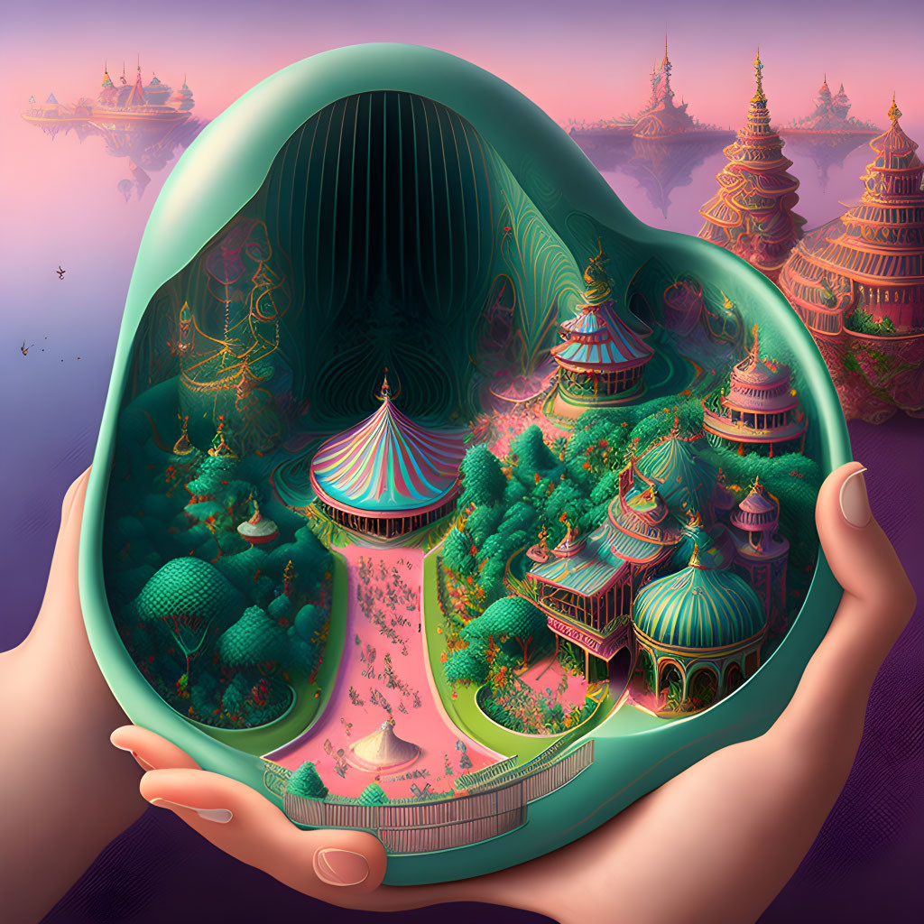 Fantastical terrarium with whimsical buildings in purple-hued sky