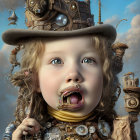 Surreal steampunk portrait with clock elements, children, and birds