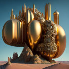 Golden mirrored sculpture of clenched fist in desert landscape