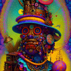 Vibrant psychedelic figure with mechanical and cosmic elements