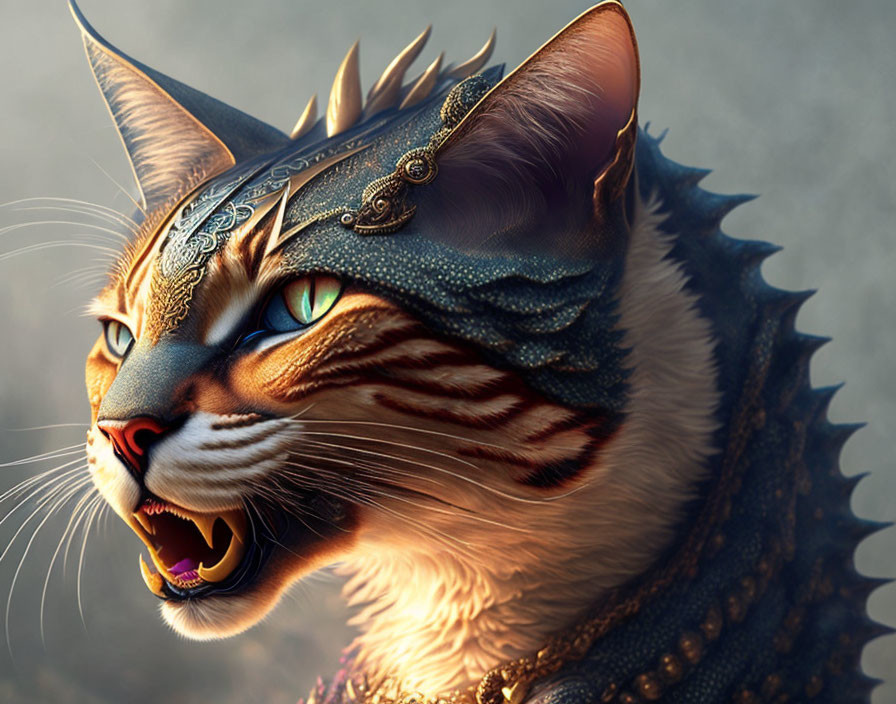 Fantasy armored cat with intricate headgear and vivid green eyes