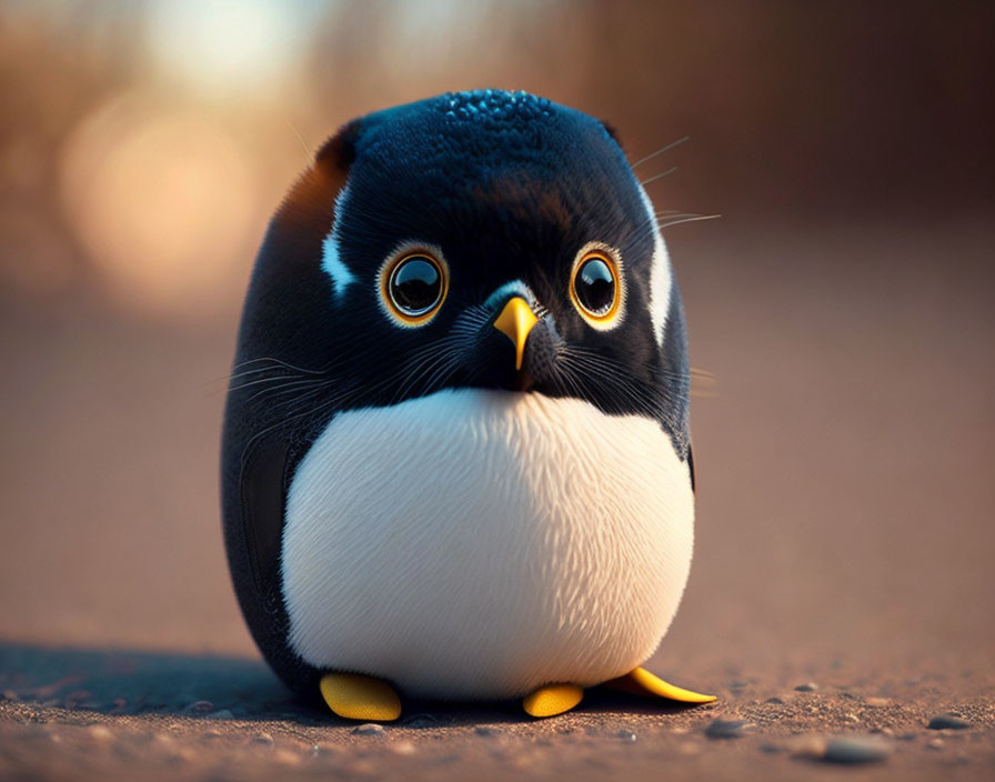 Animated cute penguin with large eyes on sandy surface