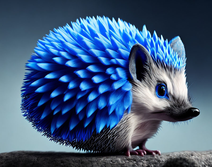 Vibrant blue spines on hedgehog against gray gradient background