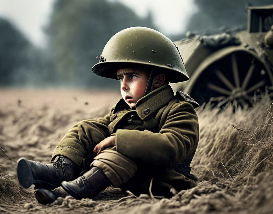 Child in vintage military uniform sits in pensive pose with blurred wartime backdrop