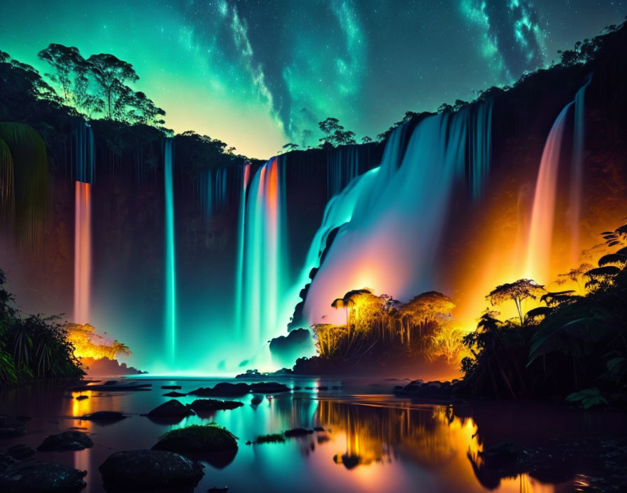 Tranquil waterfall at night with colorful lights and forest landscape