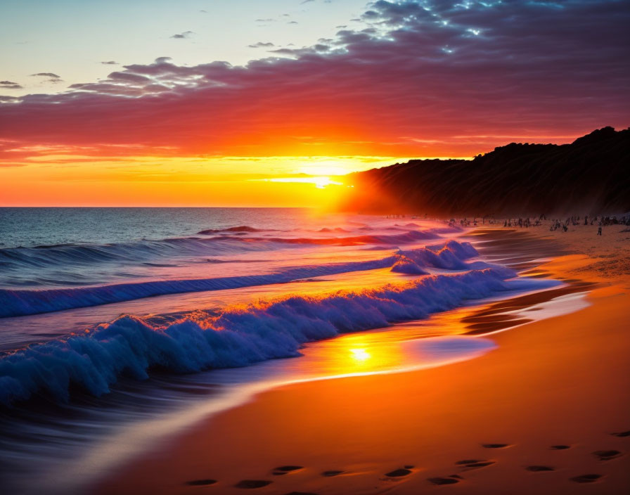 Vibrant Orange Sunset Beach Scene with Silhouette Cliff