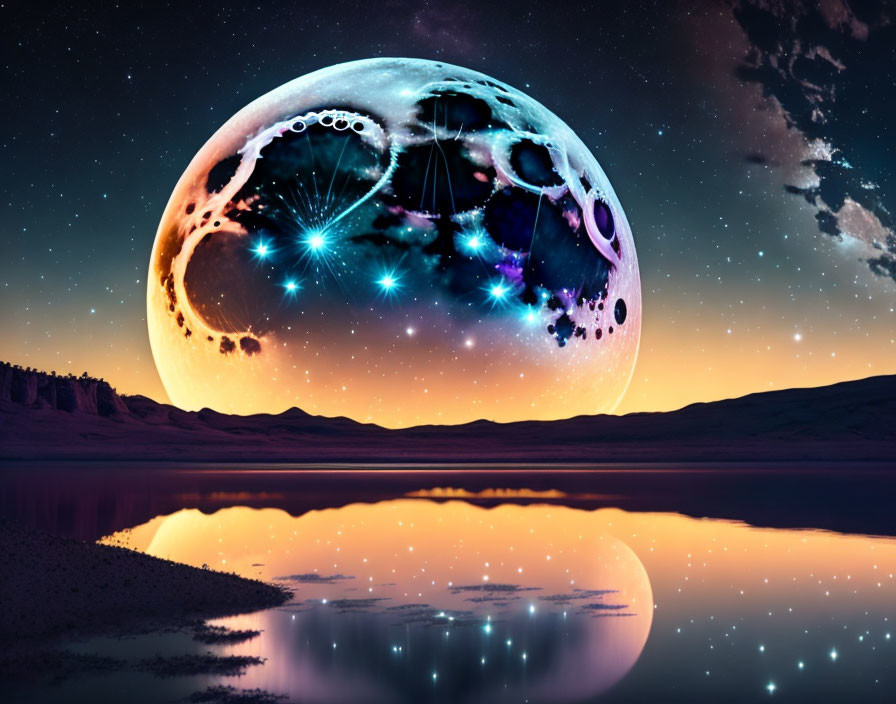 Surreal landscape with oversized moon and tranquil water at twilight