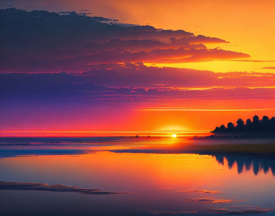 Vibrant Orange and Purple Sunset Reflecting on Calm Water