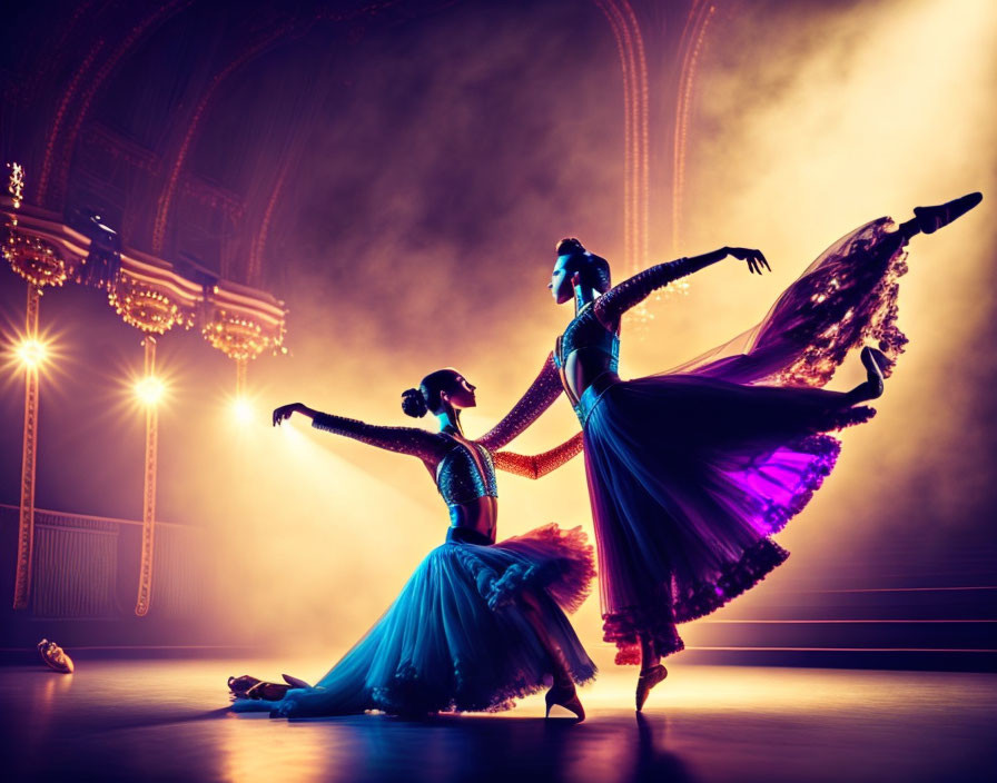 Two ballet dancers on stage with dramatic lighting and ornate theater backdrop.