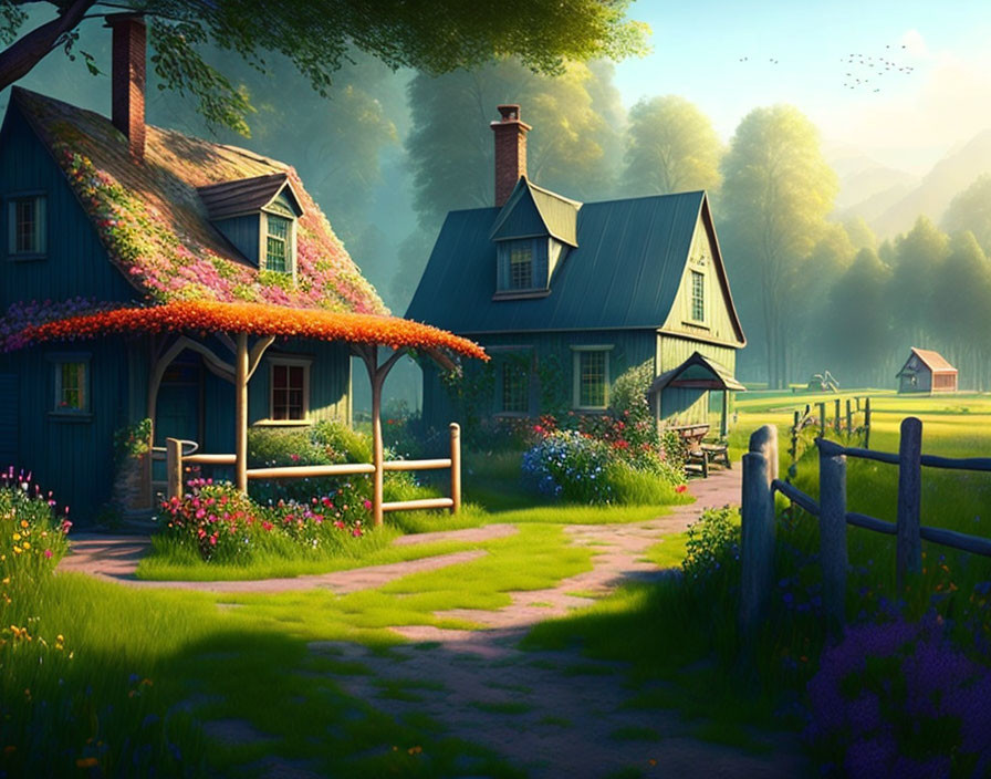 Charming countryside scene with flower-covered houses and lush greenery