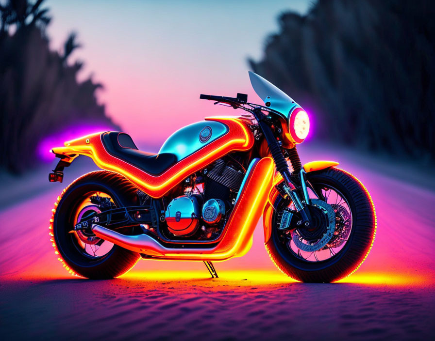 Custom Neon-Lit Motorcycle with Orange and Purple Lights on Sandy Road