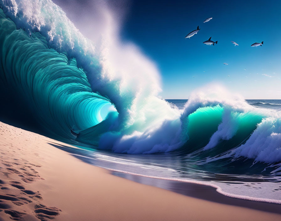 Turquoise wave curling into barrel with sandy beach and birds in blue sky