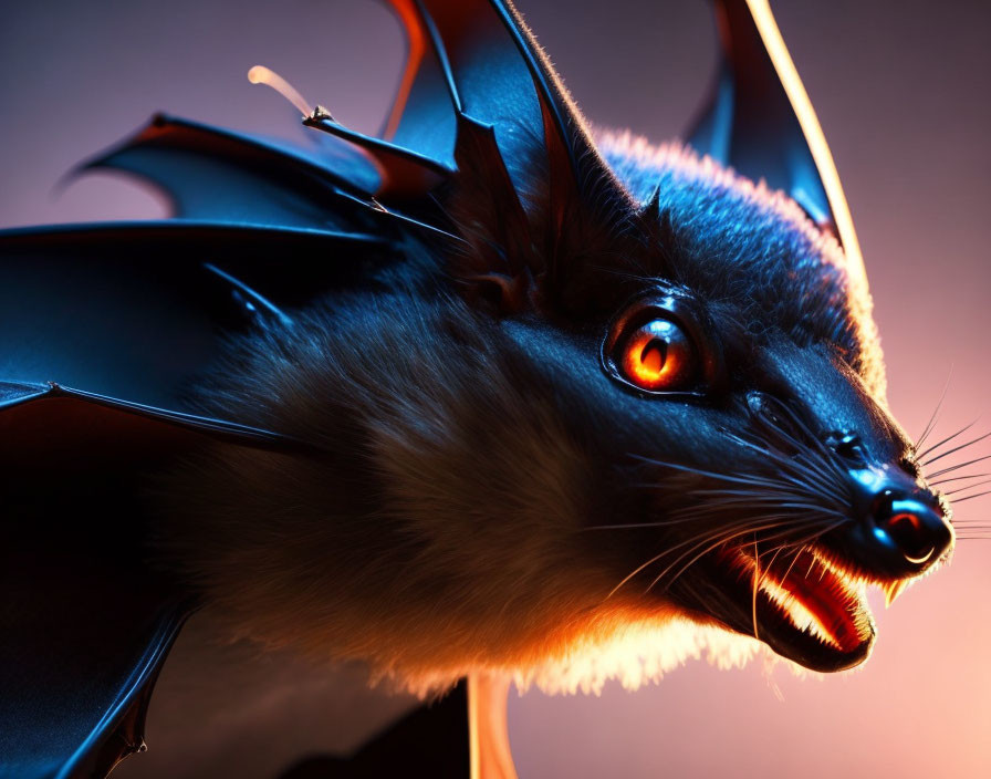 Detailed Close-Up of Bat with Glowing Red Eyes in Dramatic Lighting