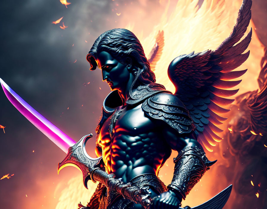 Fantasy warrior angel with glowing sword and axe in fiery setting