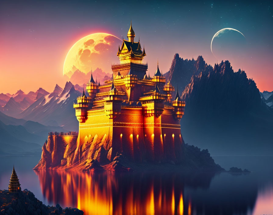 Illuminated castle on cliff with mountains, moons, and starry sky