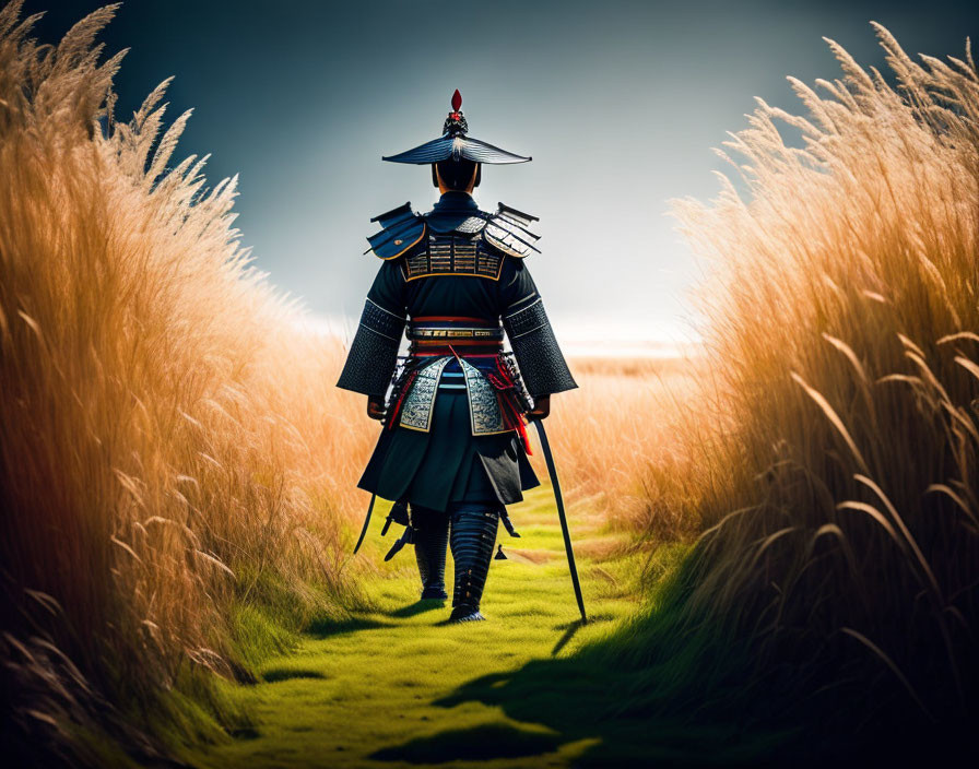 Traditional samurai in armor walking through tall golden grass under dramatic sky