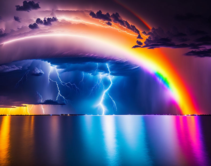 Colorful rainbow beside storm cloud with lightning over water