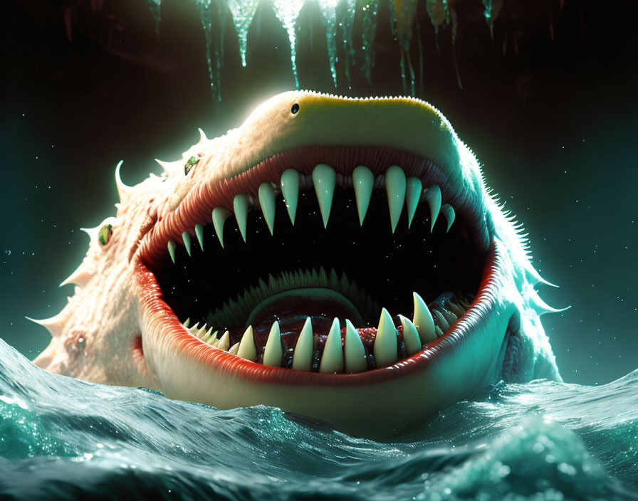 Large-mouthed sea monster with sharp teeth in dark, ominous setting