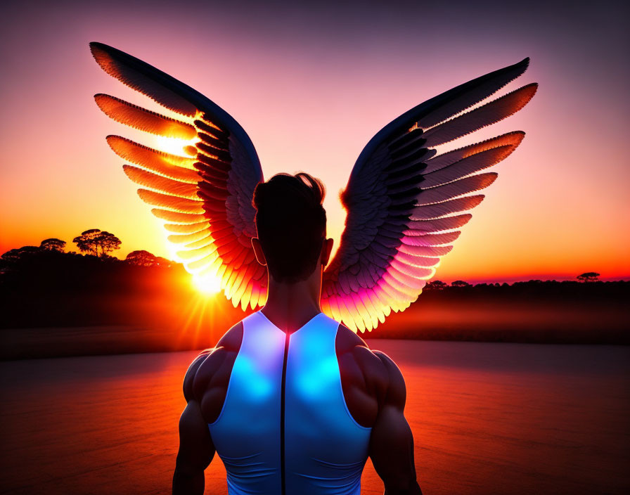 Digital angel wings on person in front of vibrant sunset