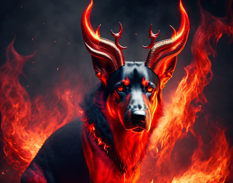 Black dog with glowing eyes and red horns in intense flames