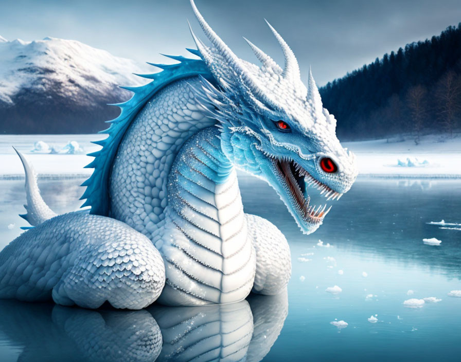 Blue and White Dragon Art on Icy Landscape