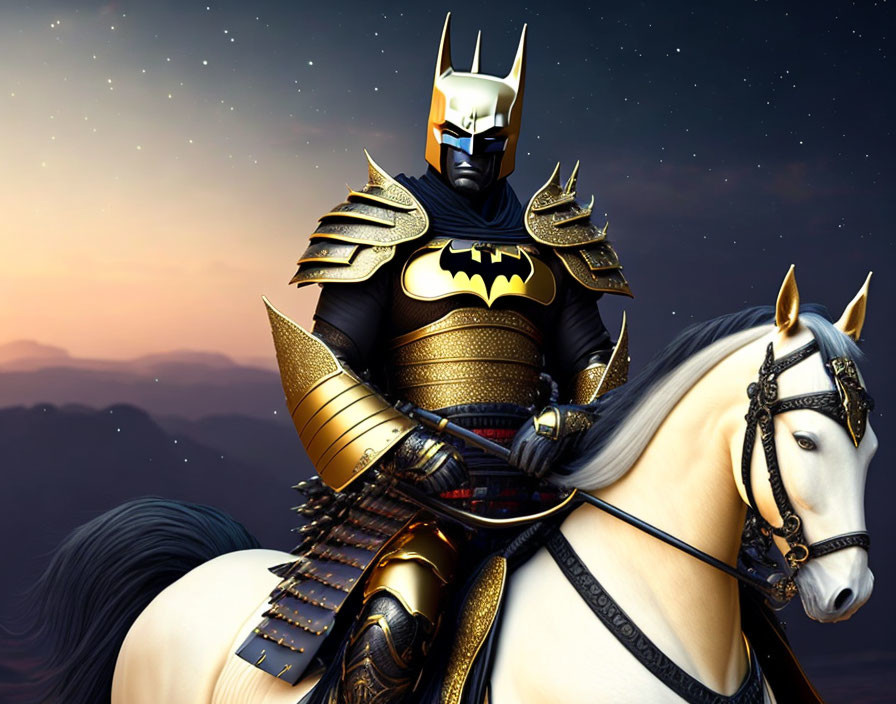 Medieval knight in Batman armor on white horse under twilight sky