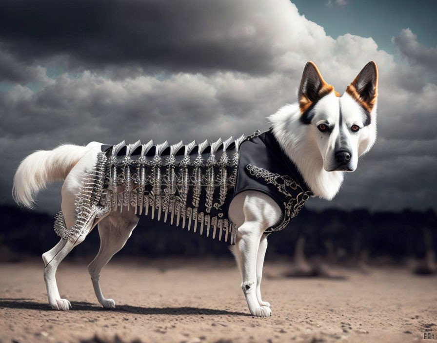 Dog with transparent midsection revealing dinosaur skeleton on sandy ground with dramatic clouds.